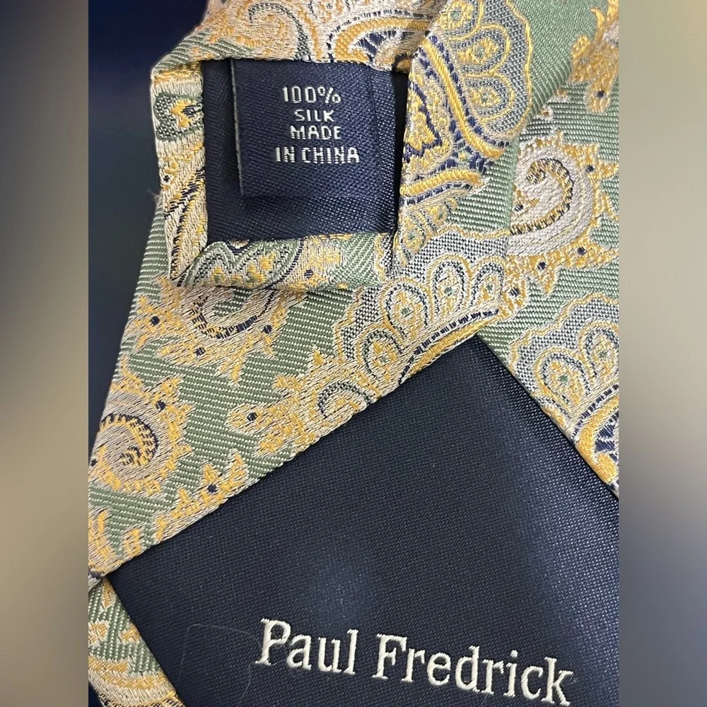 Paul Frederick Floral Paisley Metallic Silk Tie Blue Green Gold Vintage 80s 90s